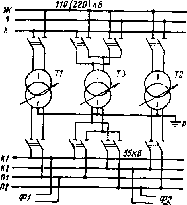 Схема тяговой подстанции с однофазными трансформаторами