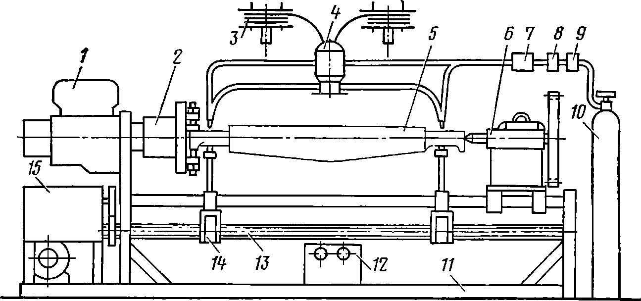 Схема полуавтоматической установки для наплавки цилиндрических поверхностей деталей