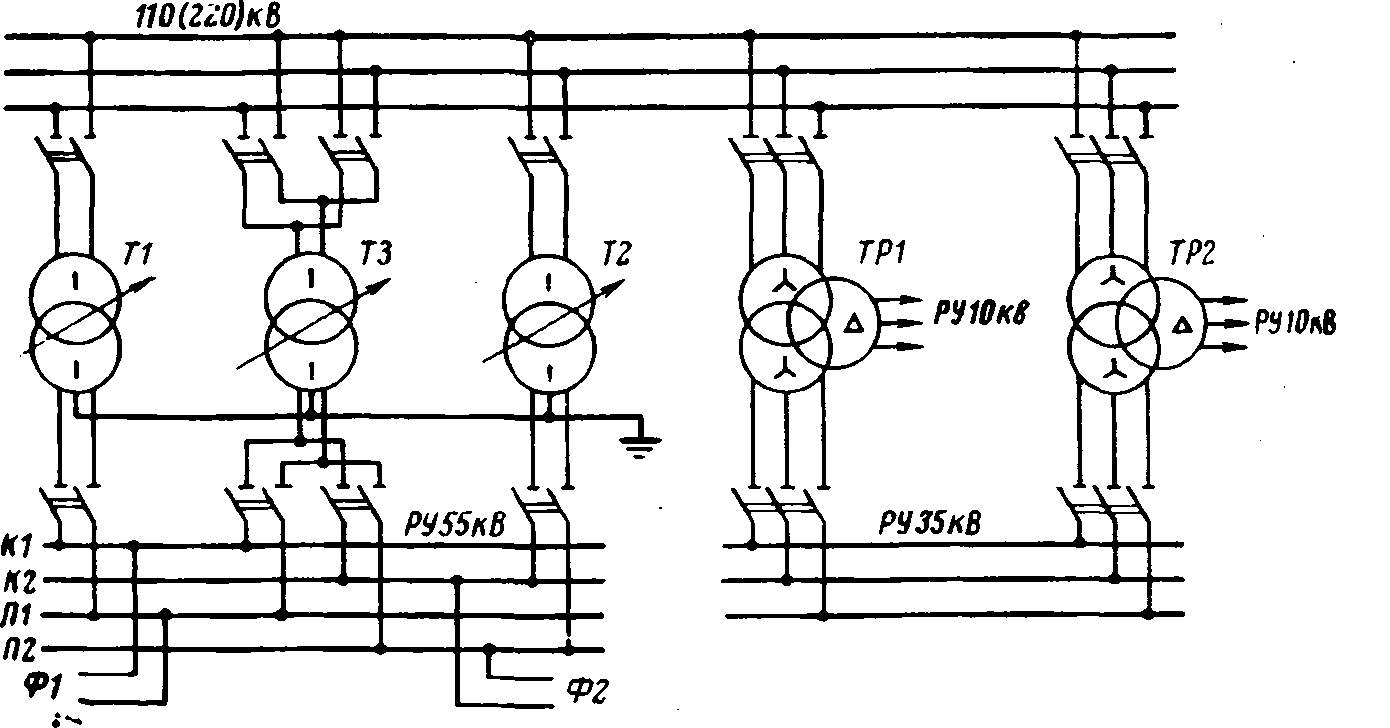 Схема подстанции с двухобмоточными однофазными трансформаторами