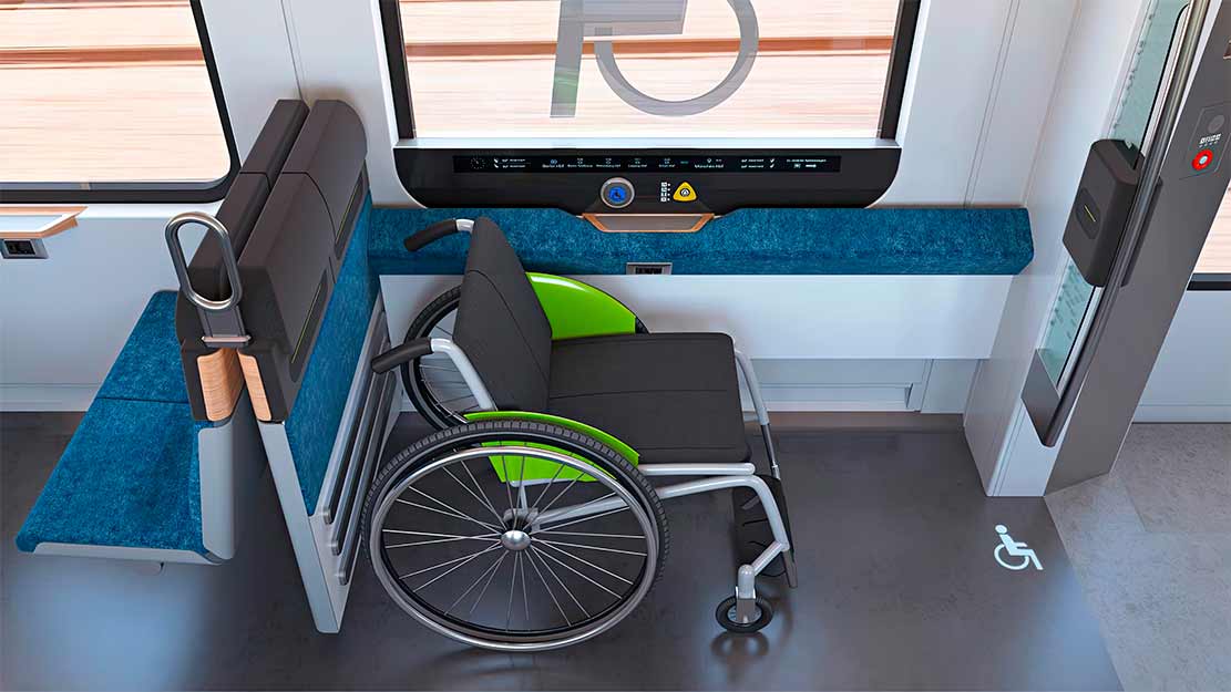 специальная зона для инвалидных колясок в вагоне