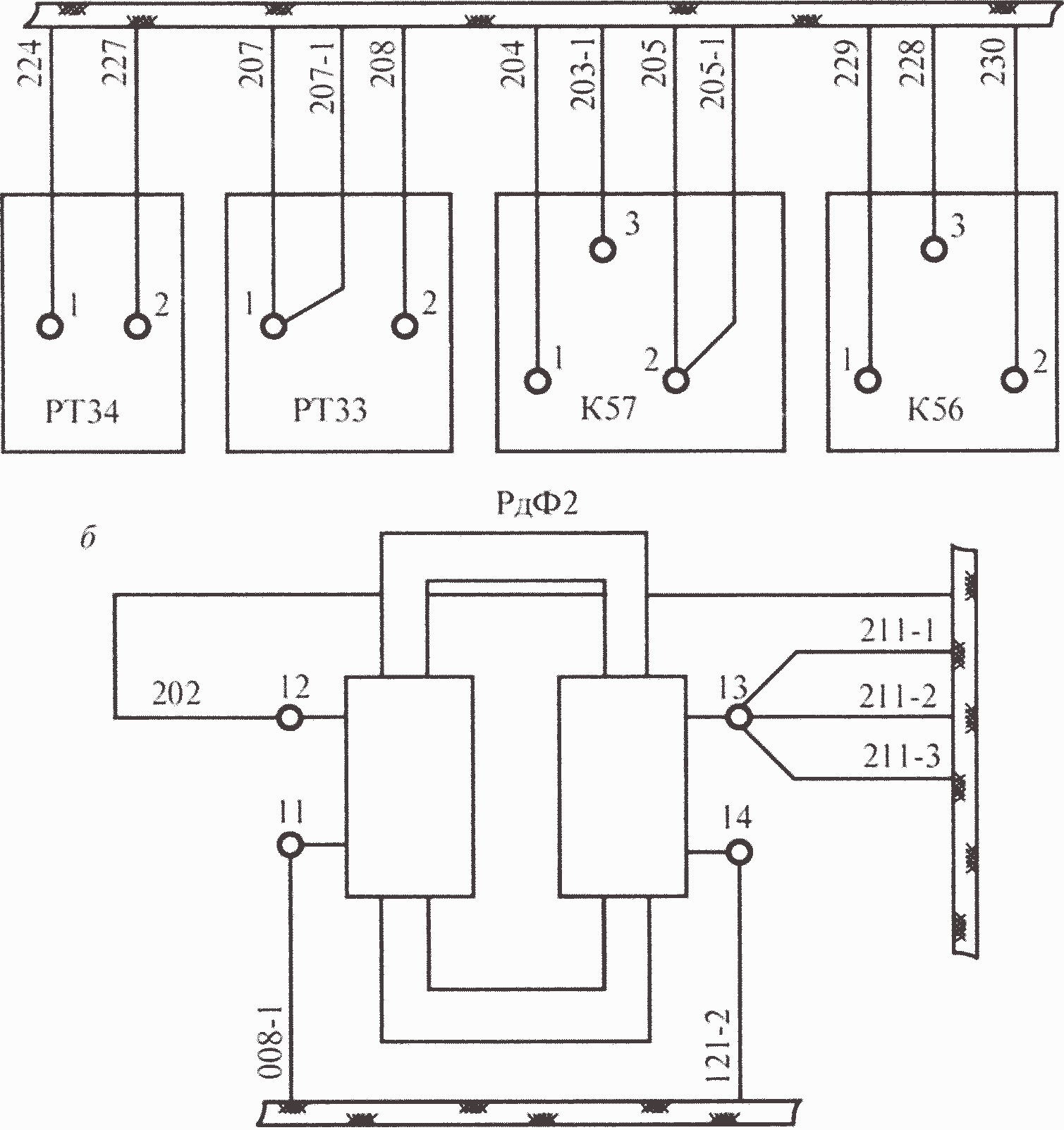 Монтажная схема токовых реле РТЗЗ, РТ34, электромагнитных контакторов К56, К57